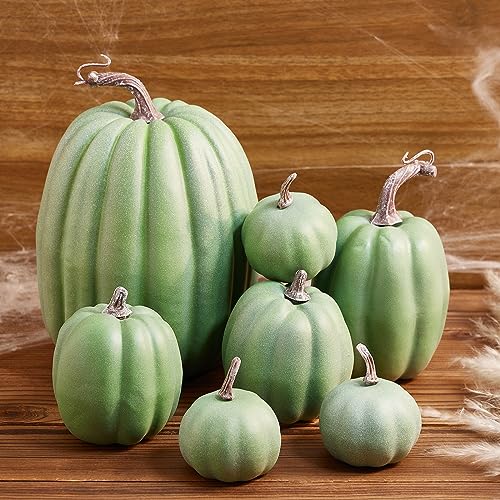 7 Pcs Halloween Pumpkin Decorations, Faux Pumpkin Cute Foam Pumpkins, Fake Plastic Pumpkins for Thanksgiving Tabletop Centerpiece Mantel Kitchen Decor(Dark green,Style 15)