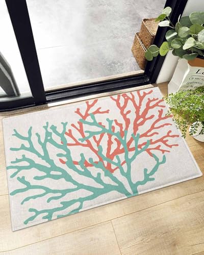 Indoor Doormat Ocean Teal and Orange Sea Coral on Linen,Shaggy Floor Mat with Non-Skid Backing Nautical Abstract Marine Life,Machine Washable Plush Area Rug Carpets for Kitchen Nursery Bedroom