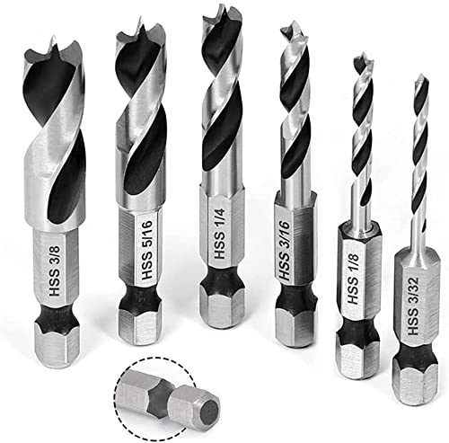 Mesee 6Pcs Brad Point Stubby Drill Bits Set,Hss 4241 Steel With 1/4" Quick Change Hex Shank, Spiral Twist Bit For Metal/Aluminum Iron/Sheet Copper/Wood Woodworking #TOP2