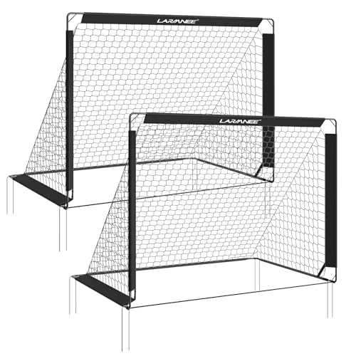 LARMNEE Porterías de Fútbol para Niños, Juego de 2, Entrenadores de Portería de Fútbol, Plegables y Portátiles, 2 en 1 con Pared, 5 Agujeros de Tiro, con Bolsa y Clavijas, Negro EBB120FGP202