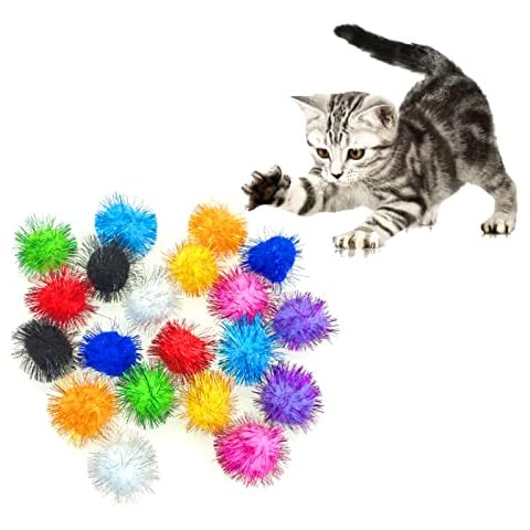 Andiker 20 Pack Cat Fuzzy Balls for Cats, 4.5CM Assorted Colored Glitter Pom Poms Cat Balls Tinsel Balls for Cats Interactive Cat Toys for Cats Random Color (20pcs) Cover