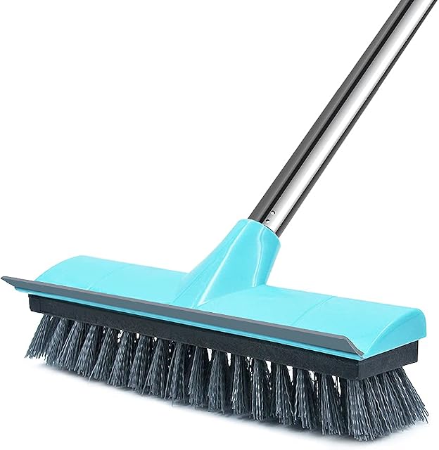 Floor Scrubbing Brush with Squeegee Stiff Bristles Indoor Outdoor Push Broom 42.5 inch Stainless Steel Long Handle, for Cleaning Kitchen Bathroom Bathtub Tile Patio Garage Grout Decking