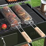 GAUYEBY Rolling Grill Basket, 2PCS Grill Baskets for Outdoor Grill, REMOVABLE HANDLE, Anti-Scorch Stainless Steel BBQ Net Tube for Meat, Shrimp, Vegetables, BBQ Gifts for Dad, Husband (Octagon+Round)