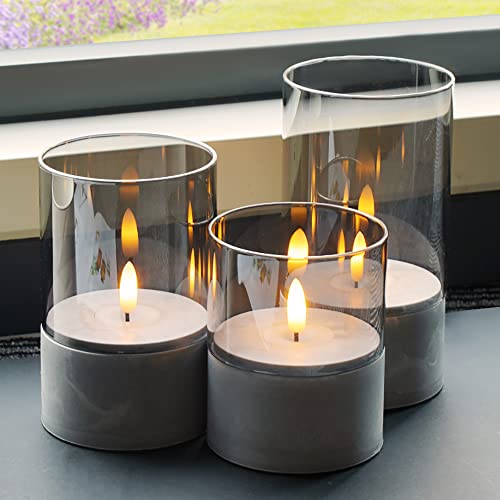 NOMFIX Glass Flameless Candles with Timer - Battery Operated Flickering LED Pillar Candles, Marbling Fake Candles, 3 Pack D 3" H 4" 5" 6"