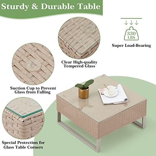 Erommy 4-Piece Patio Conversation Sets, Outdoor Patio Furniture Sets, Rattan Wicker Sectional Sofa Couch And Coffee Table With Tempered Glass For Patio, Deck, Porch, Lawn, Yard And Pool (Beige) #TOP4