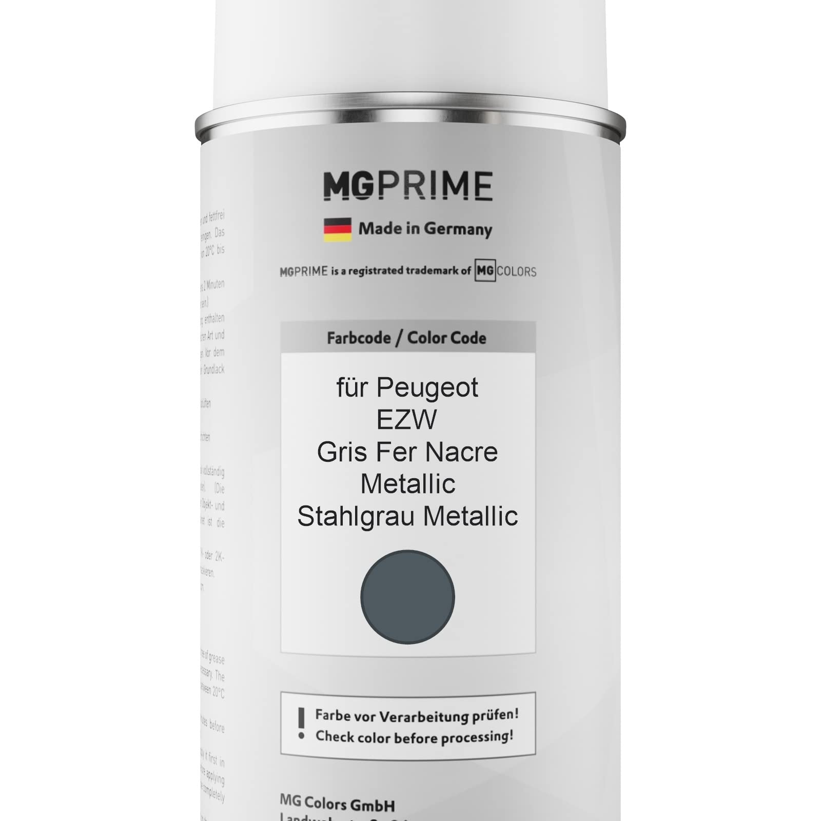 Kit Vernice Spray MG PRIME Per Peugeot EZW | Gris Fer Nacre Metallic, 400 Ml Base + Trasparente, Made In Germany