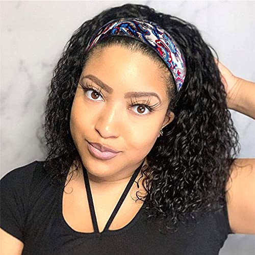 Funky girl Curly Headband Wigs for Black Women Human Hair Water Wave Headband Wig Glueless None Lace Front Half Wig with Headband Attached 12 Inch