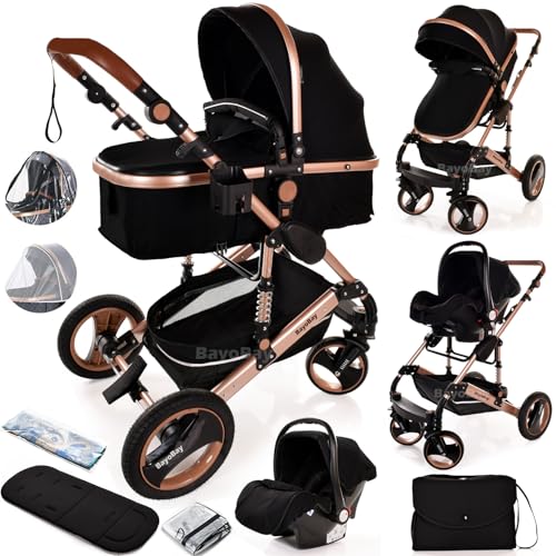 3-in-1 Stroller Pram, Black/Rose Gold Frame