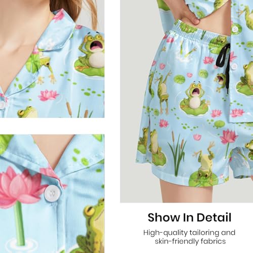 Image of Funny Pajamas for Women Set Print Satin Loungewear Pjs Short Sleeve Button Down Top and Shorts Sets Sleepwear XS-3XL