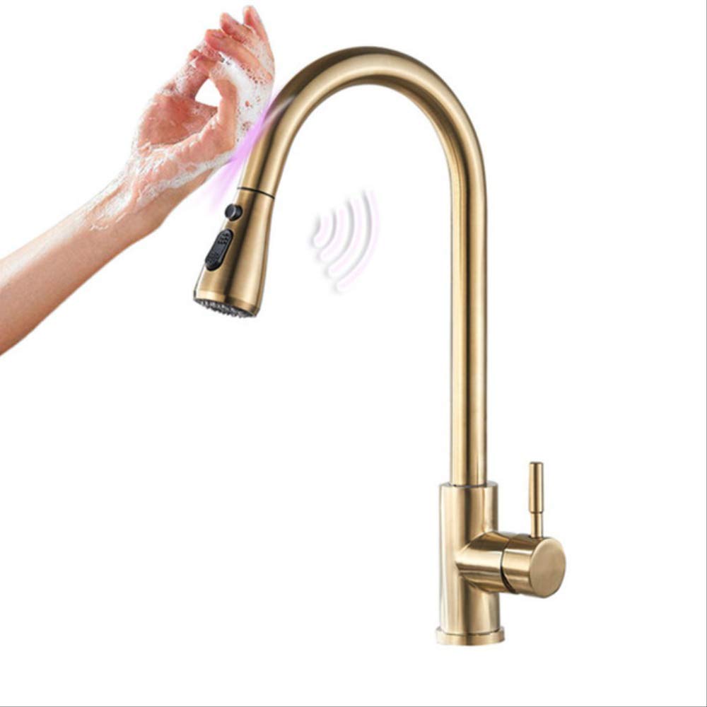 ZYCHSJXA Kitchen Faucets Black Golden Smart Touch Inductive Sensitive Faucet Dual Outlet WaterMixer Tap Single Handle Modes Brushed Gold A