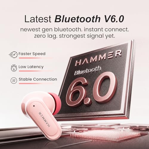 Image of HAMMER Airflow Neo Bubblegum Earbuds with 80H Playtime, 13mm Titanium Driver, 40ms Gaming Mode, Fast Charging Buds, Type-C Charging, Voice Assistant, Lightweight Dual-Tone Design (Pink)