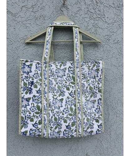 Image of Quilted Cotton Hand printed Reversible Large multicolor cotton Tote Bag,Indian Handmade Block Printed Tote Bag Women Handbag