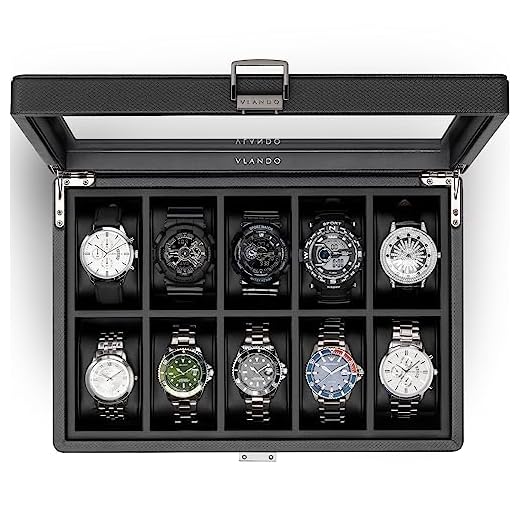 Vlando 10-Slots Watch Box Organize for Men, Watch Case with Large Glass Lid, Watch Holder with Textured Leather, Removable Soft Pillow, Christmas Gift for Fathers, Husband, Friend, Black
