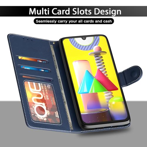 Image of Amazon Basics Flip Cover for Samsung Galaxy M30 | Wallet Style & Stand | Dual-Tone PU Leather Finish | Magnetic Flip Case (Blue & Brown)