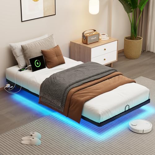 Mashomdec Twin Size Floating Metal Bed Frame with Smart LED Lights & Charging Station Metal Platform Bed Base No Box Spring Needed Easy Assembly Noise Free