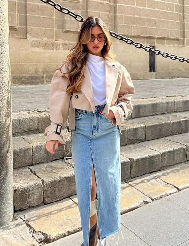 Faleave Womens Cropped Jacket Long Sleeve Belted Trench Coat Solid Color - Image 4