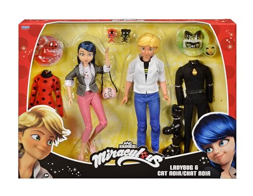BANDAI P50359 - Conjunto de 2 bonecas Marinette e Adrien com 2 roupas Ladybug gato preto, acessórios, caixa milagrosa de 2 figuras de 26 cm, ideia de presente para crianças, brinquedo infantil de 4