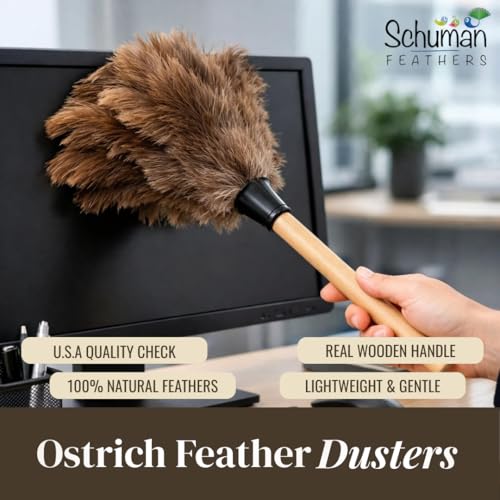 Image of Ostrich Feather Duster with Wooden Handle 14 inch - Natural Reusable Feather Duster for Cleaning, Furniture & Shelves, Blinds, Ceiling Fan, Dusting Tool for Home, Office, Delicate Surfaces - 1 Pack