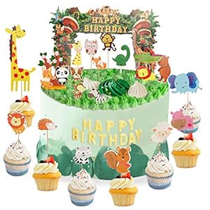 Herefun 25 Stuks Taarttoppers Dierentuin / Jungle-Thema Dier, Hars Giraf Dinosaurus Kleine Boom Jungl Verjaardagstaart…