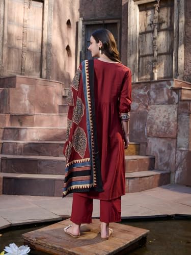 Image of Stylum Women's Solid Cotton Kurta Pant Dupatta Set
