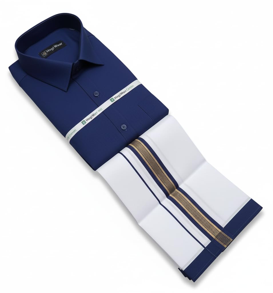 Royal Blue Vesti Shirt Set for Men – Cotton Dhoti and Shirt for Men Combo | South Indian Veshti Shirt Set | Ethnic Wear Shirt and Dhoti Set-picture-46