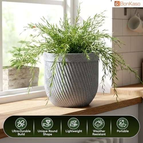 Image of Bonkaso 10 Inch Seltos Ribbed Planter for Indoor & Outdoor Use | Round Heavy Duty Polymer Flower Pot | Lightweight Weather Resistant Modern Gamla for Living Room Balcony & Terrace (Light Grey)