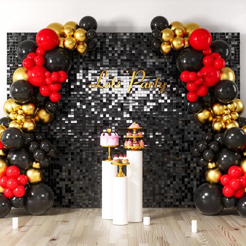 COKAOBE Black Shimmer Wall Backdrop, 48PCS Square Sequin Shimmer Backdrop Panel, Photo Backdrops for Birthday, Anniversary, Wedding, Graduation & Bachelorette Party Decoration