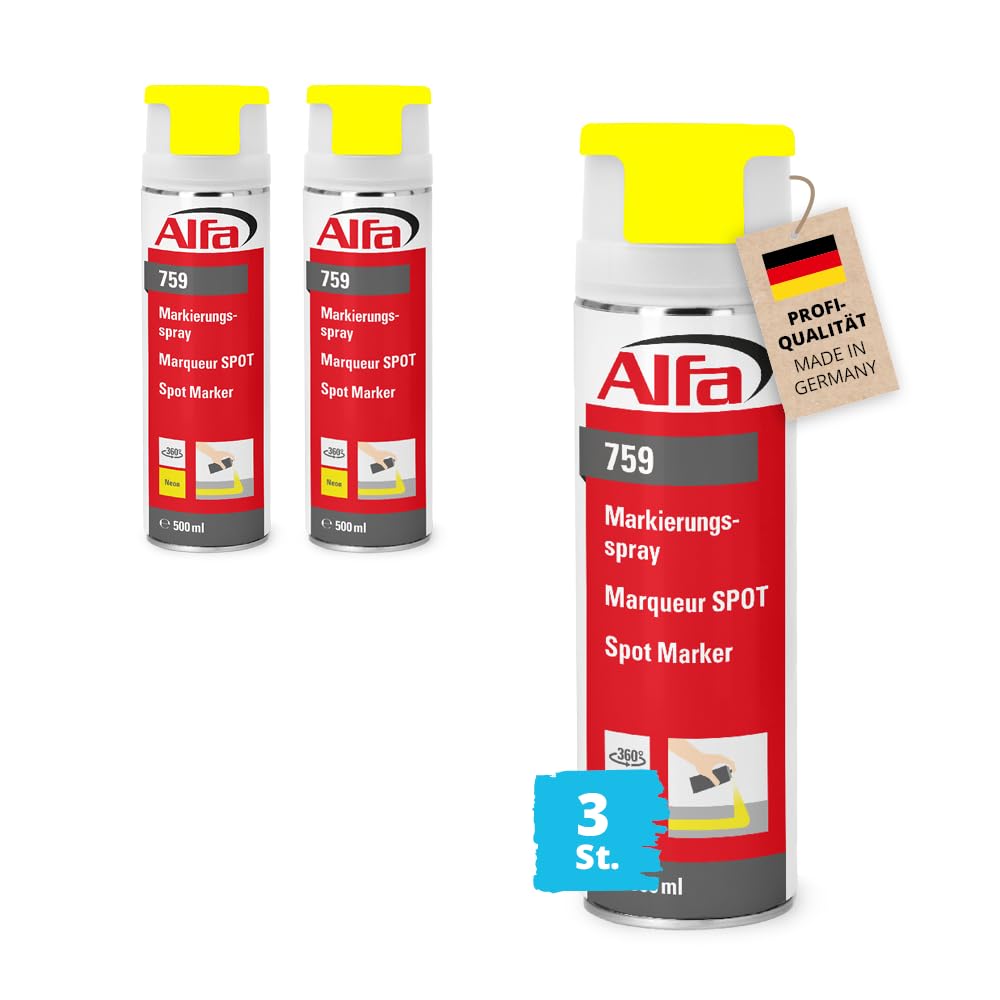 3x Alfa Markierungsspray 500 ml Neon-Gelb Farbspray für saubere und präzise Markierungen mit flexibler 360 °C Sprühanwendung (Überkopffunktion)