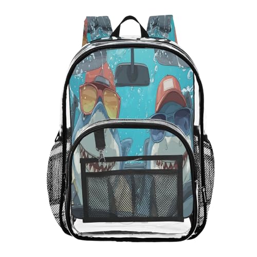 Cartoon Shark Drive Car Clear Backpack Heavy Duty See Through Transparent PVC BookBag for Kids Boy Girl School Work