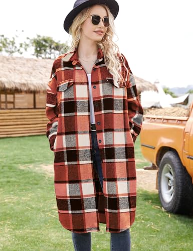 Women's 2024 Plaid Shacket Jacket Casual Button Wool Blend Long Tartan Trench Coat with Pockets Fall Winter4