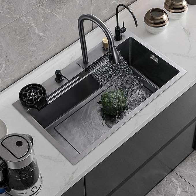 Image of CROCODILE Nano Black Single Bowl Smart Kitchen Sink, 304-Grade Stainless Steel, 24x18x9 inches, Matt Black Finish, with Integrated Waterfall, Cup Washer, Drain Basket, RO Tap and Pull Out Faucet