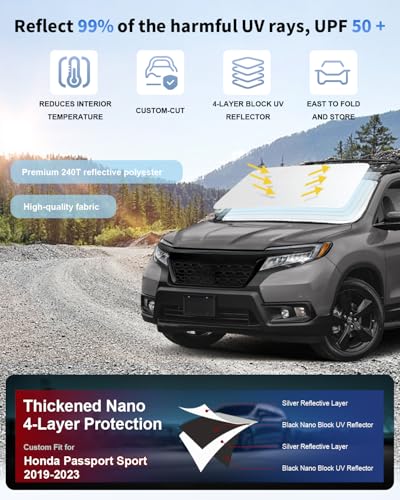 Sunshade for Honda Passport Windshield Sun Shade Custom Fit 2019-2024 2025 Honda Passport, Sport, EX-L, Touring, Eliten, SUV Accessories Foldable Sun Visor Front Window Shield Protector Block UV Ray