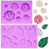 Rose Flower Fondant Molds, Flower and Leaves Silicone Molds, Cake Decoration Chocolate Molds for Cupcake Topper Candy Cookie Clay Crafting Projects Set Of 2