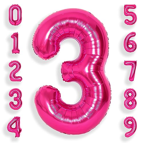 Suwen Ballon Chiffre Rose Vif Anniversaire 3 Géant 40 Pouces 101 CM Rose Foncé Fuchsia Numéro 3 Ans Ballons Numériques à Hélium de Baudruche Garçon...