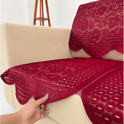 Image of Homerz Premium 'Surya Series' Sofa Cover | Stylish Sofa Protector | Net Fabric | Anti-Stain & Washable Slip Cover Exact Size Antislip (Flower Valley Maroon, 2 Seater, Seat Cover with Backrest)