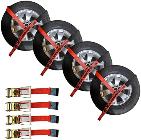 RYTASH Car Tie Down Lasso Straps for Trailers - Tire Straps with Flat Hooks - 4 Pack -Heavy Duty Ratchet Straps - Industrial Grade - 2" x 114" - Car, Trucks, UTV, ATV - 3300 LB Made in USA