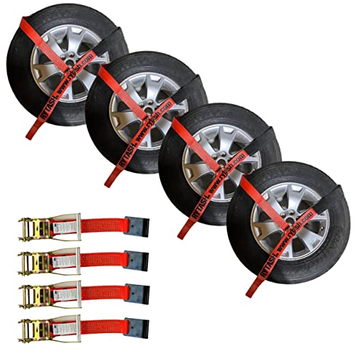 Rytash Car Tie Down Lasso Straps For Trailers - Tire Straps With Flat Hooks - 4 Pack -Heavy Duty Ratchet Straps - Industrial Grade - 2" X 114" - Car, Trucks, Utv, Atv - 3300 Lb Made In Usa #TOP29