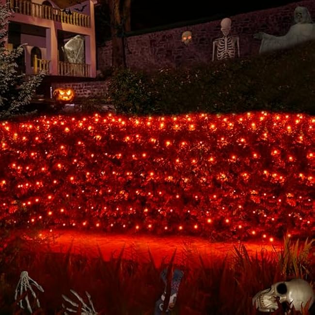 WBao Halloween Lights Outdoor 200LED 8.4ft x 5.2ft Orange Net Lights with 8 Modes, Timer, UL Certified, Connectable, Waterproof & Dark Green Wire for Lawn, Bushes, Trees, Outdoor Halloween Decorations
