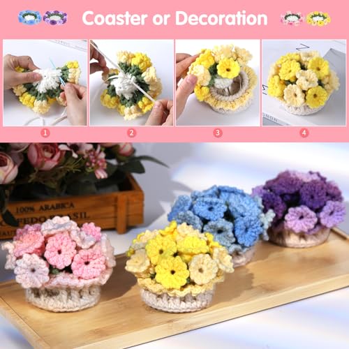 Iuuidu Crochet Kit for Beginners-4PCS Coaster Flower Pot Crochet Kits Coaster Crochet Starter Kit with Crochet Yarns,Hooks, Easy Videos Tutorials to Crochet for Office, Coffee Table, Home Decor