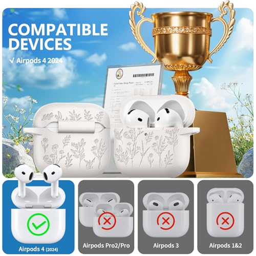 Image of for Airpods 4 Case, Ekoonpft Flower Engraved Cases for Apple AirPods 4th Generation 2024, Soft Silicone Cover for Women Girly with 3-in-1 Cleaner Kit, Keychain, Military Grade Protection