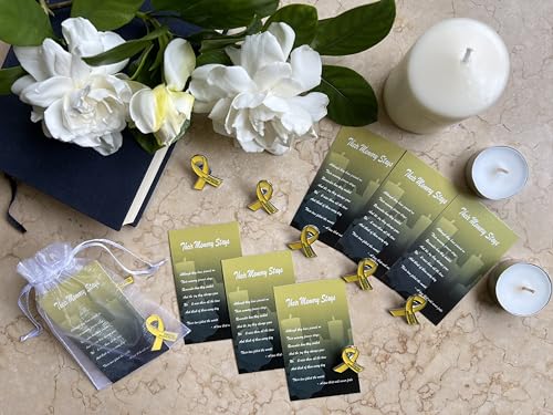 Image of 60 Set Funeral Ribbon Pins Memorial Pin Forever in Our Hearts Lapel Pin Remembrance Brooch with Prayer Cards & Organza Bags