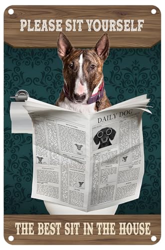 Bull Terrier Dog Decor Vintage Metal Tin Sign, Dog Please Sit Yourself Metal Poster Plaques, Indoor Outdoor Bar Kitchen Home Bathtub Bathroom Wall Art Decoration Signs 8x12 Inch Gift