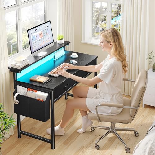 Image of DurayLoly 31Inch Office Computer Desk with LED Lights & 2 Fabric Drawers, Gaming Desk with Side Pocket & Ergonomic Monitor Stand, Small Space Study Writing Table with Anti-Tip Design,Black