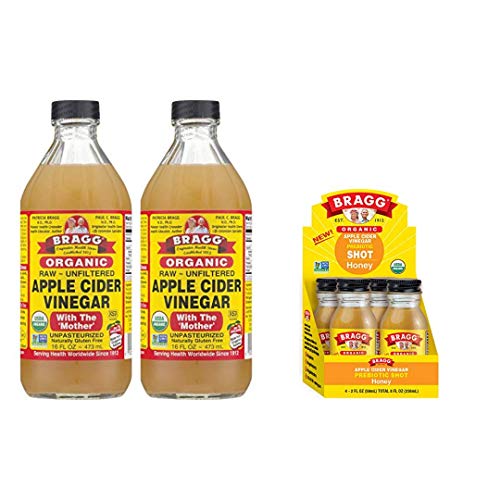 Bragg Organic Apple Cider Vinegar With the Mother 16 Ounce 2 Pack and Bragg Organic Apple Cider Vinegar Shot with Honey 2 Ounce ACV Shot 4 Pack Bundle