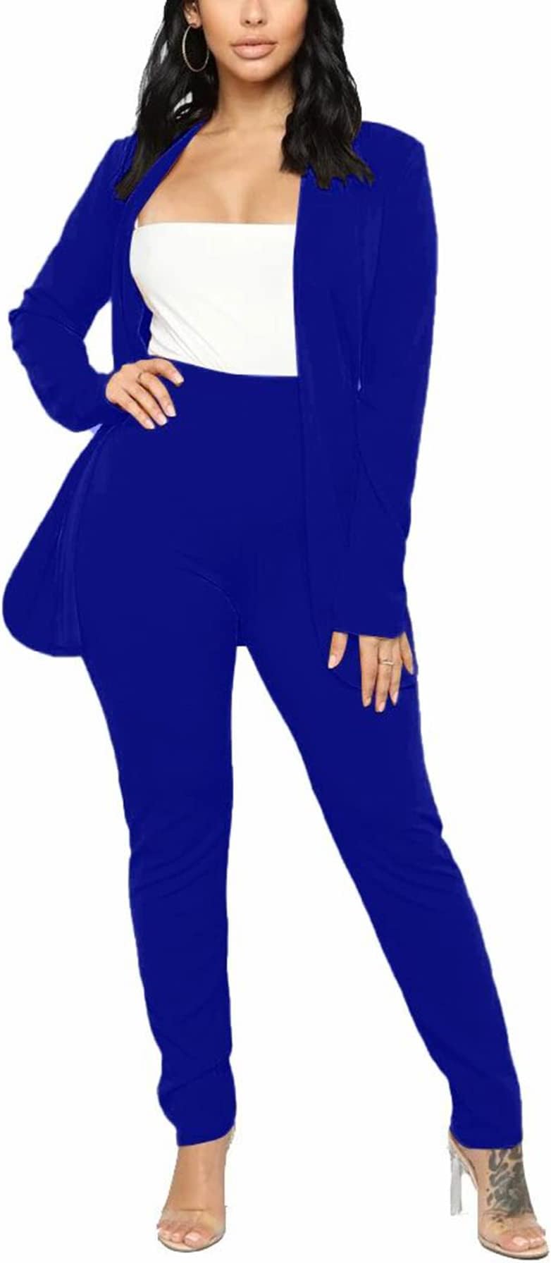 Women's Casual Pants Suit 2 Piece Business Outfits Solid Long Sleeve Blazer and Pencil Pant Sets