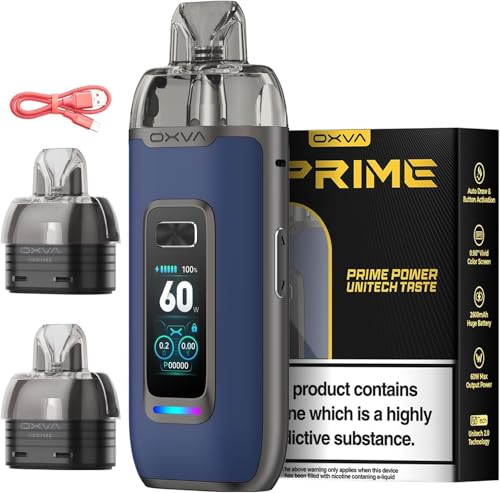 OXVA VPrime Pod Vape Kit 2600mAh Built-in Battery 60W Output Adjustable Airflow 2ml Refillable Pods Included Smart VW Mode Blue Leather (No Nicotine) [Blue Leather]