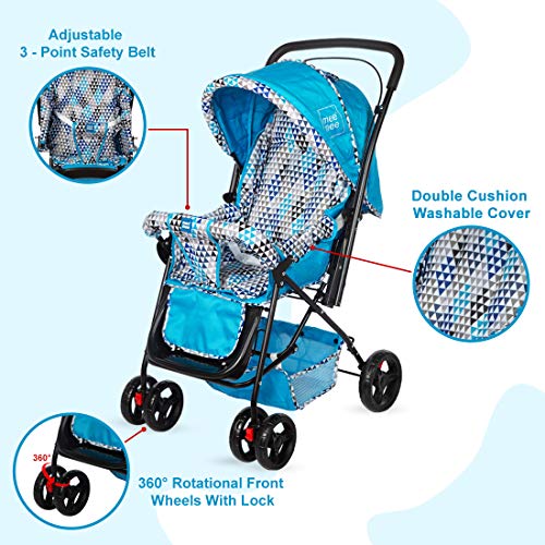 Image of Mee Mee Baby Stroller Pram 3 Position Seating Reversible Handle Fully Rotating Wheels for Newborn Baby /Kids, 0-4 Years, Light Blue