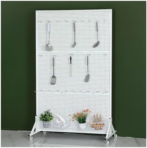 Movable Metal Pegboard Display Stand with Wheels, 20 Hooks, Freestanding Organizer Rack for Garage, Crafts & Retail - T-Base Design, 80x40x150 cm