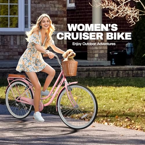 EISYROOD 26 Inch Beach Cruiser Bike for Women, Hybrid Womens Bike with 7 Speed, Adjustable Seat, Lightweight Women Beach Cruiser Bike with Anti-Skid Tires, V-Brakes (Double Ba, Pink)