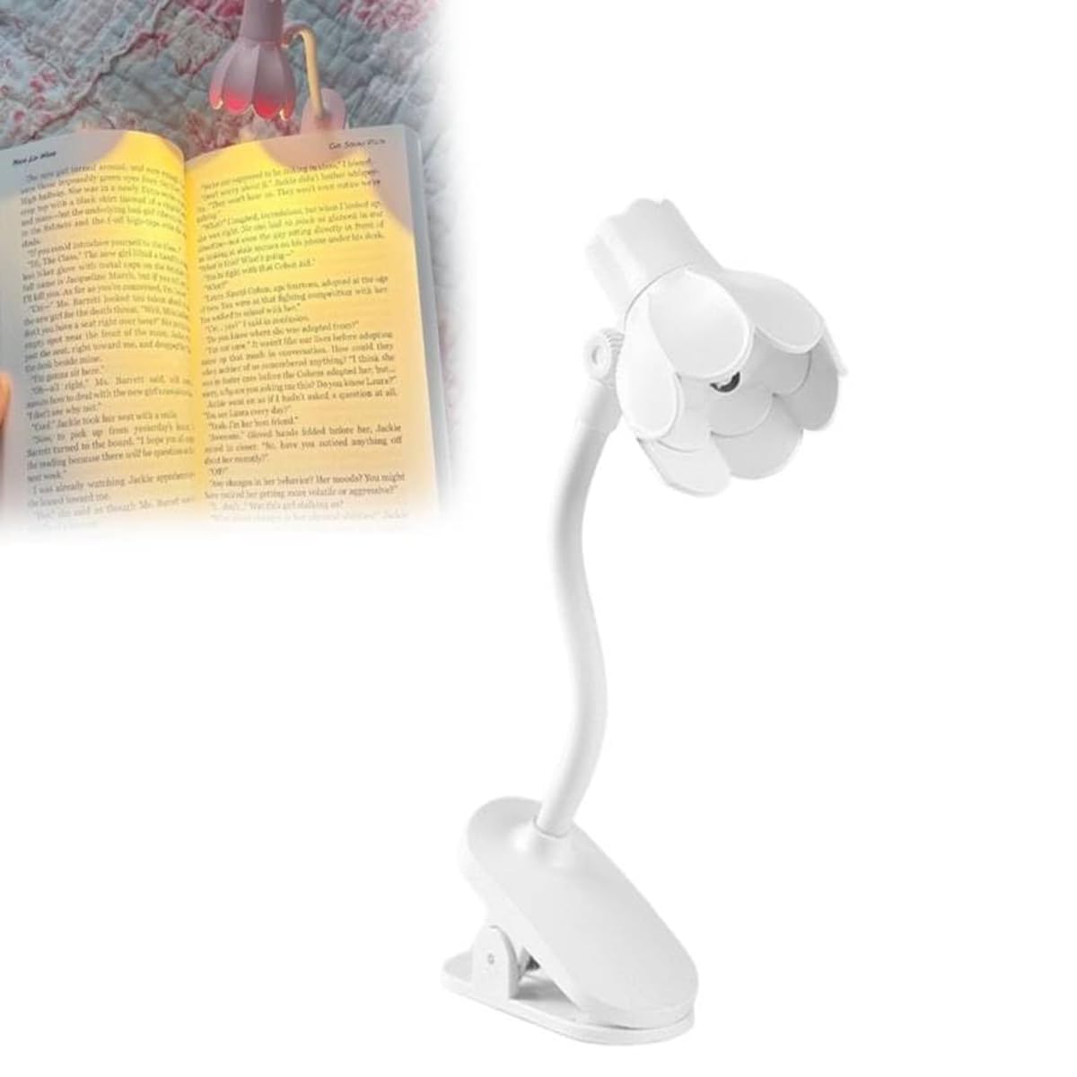 Cute Pastel Flower Shaped Reading Lamp - Portable Adjustable Eye Protection Lamp, Perfect for Bedtime Reading and Home Decor (White)